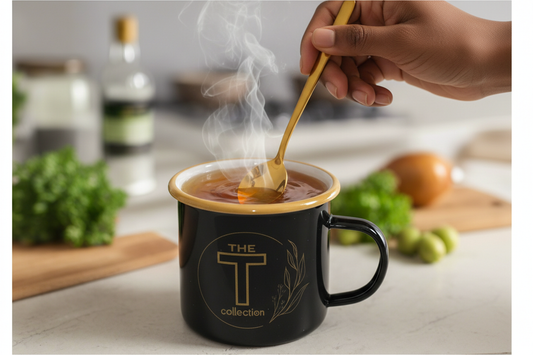 Light skin Black hand stirring gold T Spoon in The T Cup