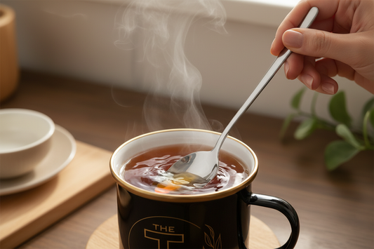 Tea being stirred in The T Cup with The T Spoon