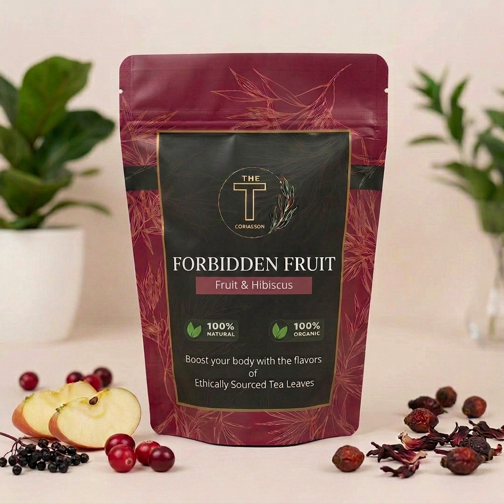 Forbidden Fruit pouch with leaf-only label details and lighter burgundy subtitle strip