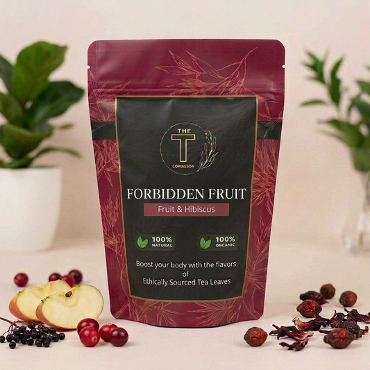 Forbidden Fruit pouch with leaf-only label details and lighter burgundy subtitle strip